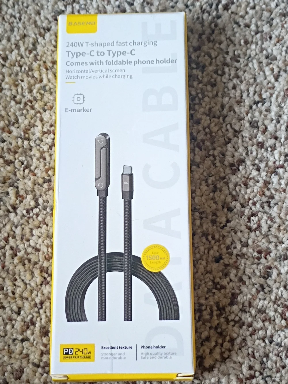 240W Black Type-C to Type-C Fast Charging Cable with Foldable Phone Holder